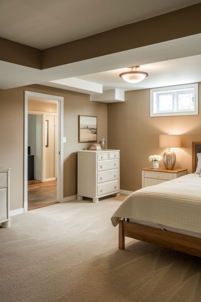 Finished basement bedroom with carpet flooring and natural window light