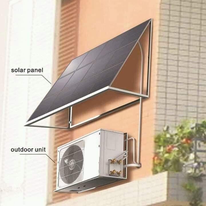 Solar panel powering outdoor air conditioner unit on building wall