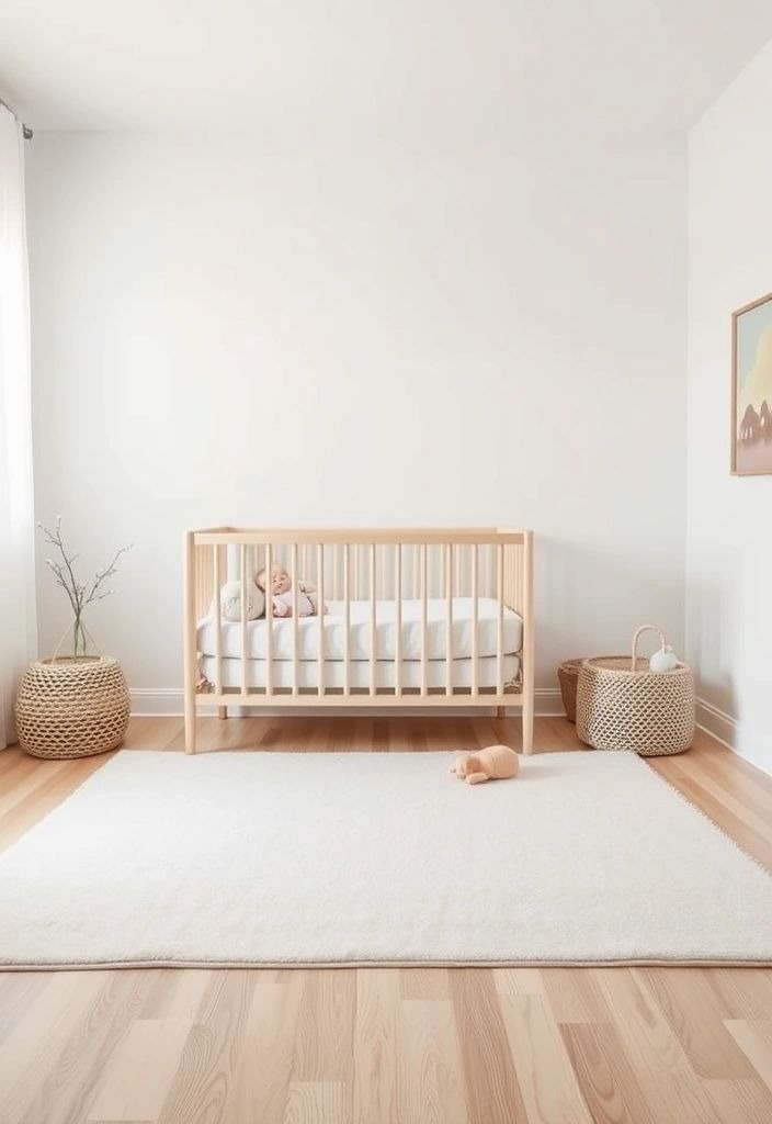Minimalist baby nursery with wooden crib and soft white rug