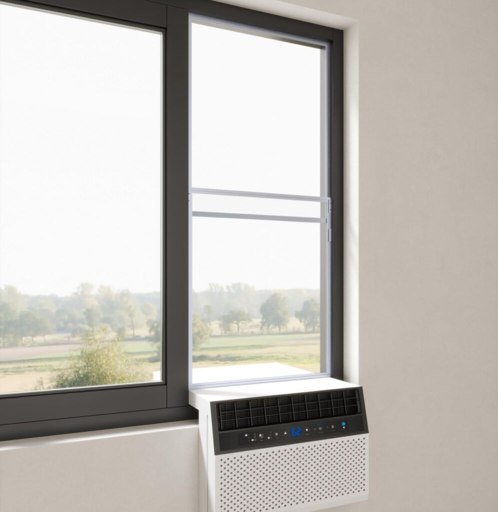 Modern window air conditioner installed in large sliding window