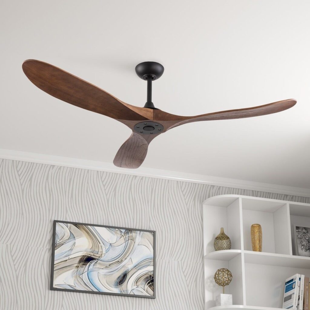 Modern wooden ceiling fan in contemporary living room interior