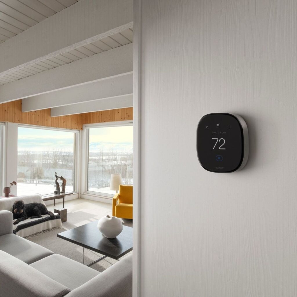 Smart thermostat controlling temperature in modern energy-efficient living room