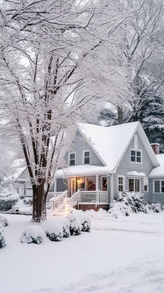 Snow-covered winter house with holiday lights and front porch