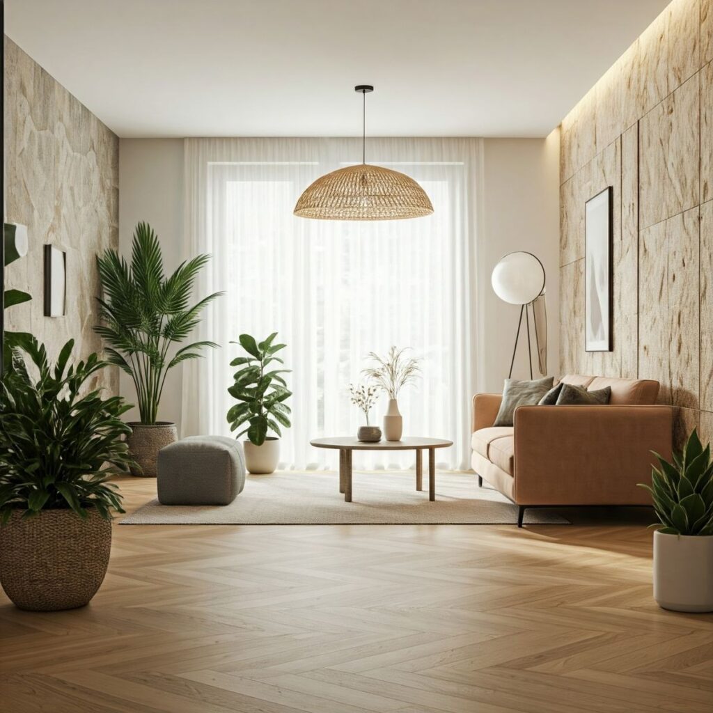 Modern living room with natural light, indoor plants, and earthy decor