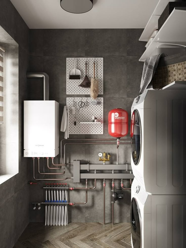 Modern boiler room with heating manifold and organized piping system
